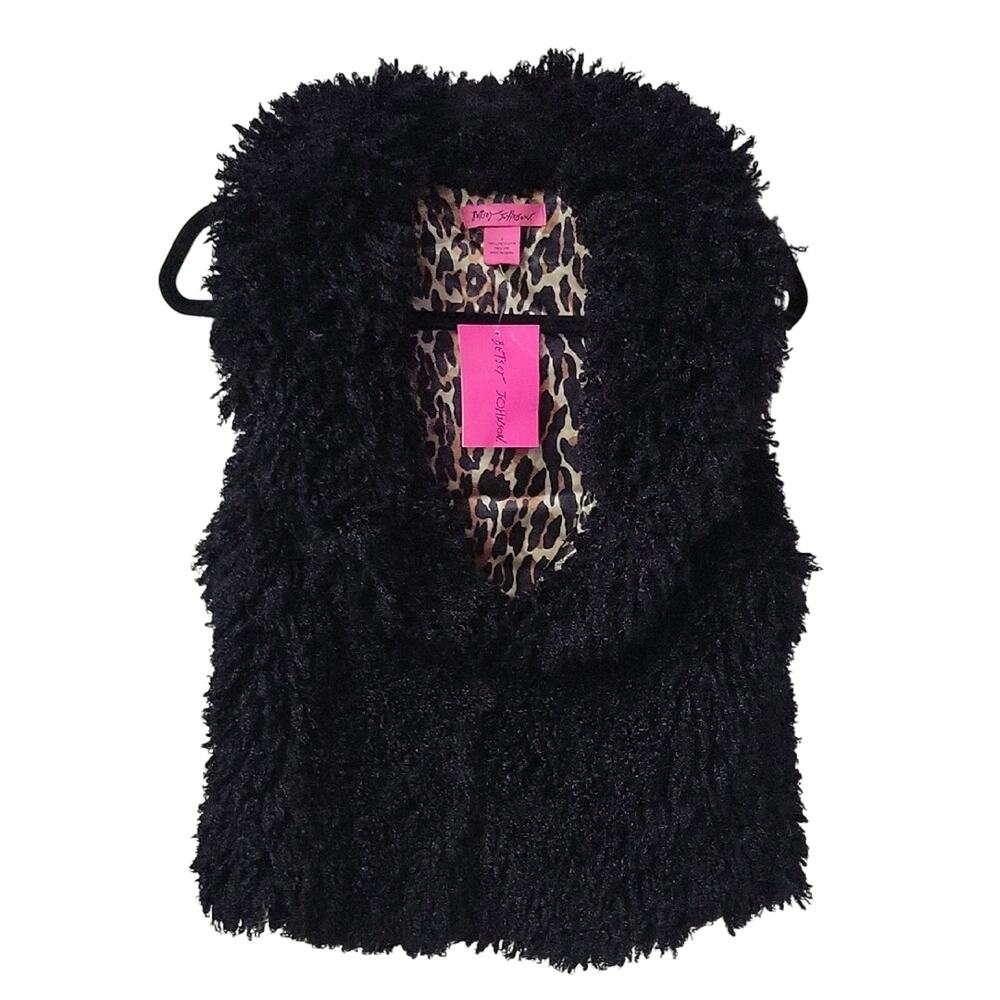Betsey Johnson Black Faux Fur Vest Animal Print Lining Womens Size Small NWT